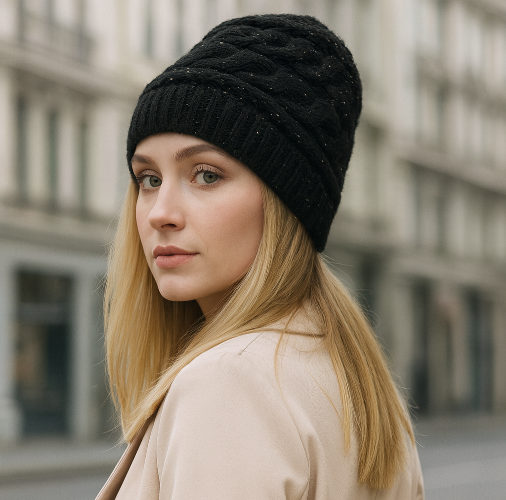 Bonnet Tressé Réfléchissant – Trynitie™ ▪︎ Style élégant & reflets scintillants ✨